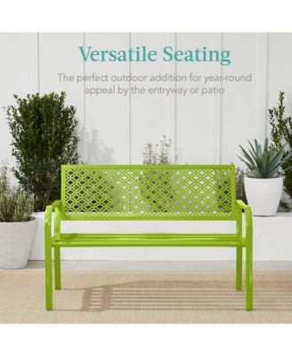 Indoor Outdoor Steel Garden Bench w/ Geometric Backrest, Foot Levelers