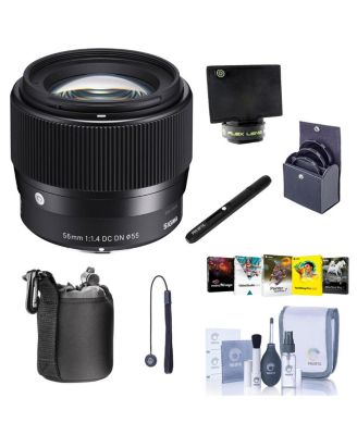 56mm f/1.4 DC DN Contemporary Lens for Canon EF-M, Bundle with Filter Kit, Flex Lens Shade, Lens Pouch, Lens Cleaner, Cleaning Kit, PC Software