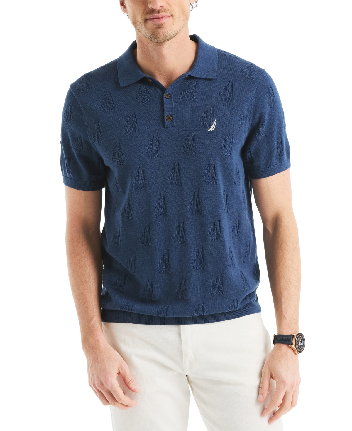 Men's Sailboat Textured Sweater Polo Shirt - Lapis Blue