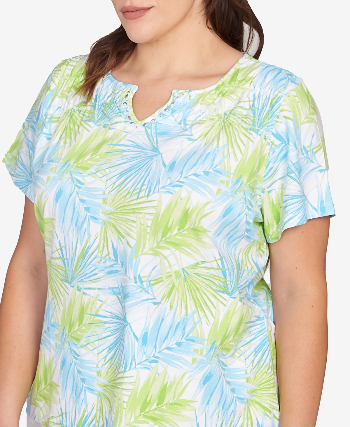 Hearts Of Palm Plus Size Short Sleeve Leaf Print Top In Bright Green Multi