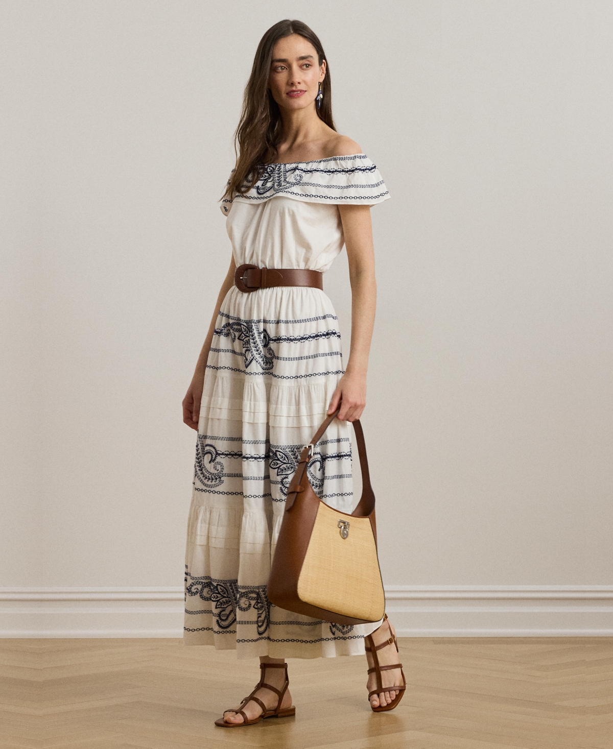 Women's Embroidered Voile Off-the-Shoulder Dress - White