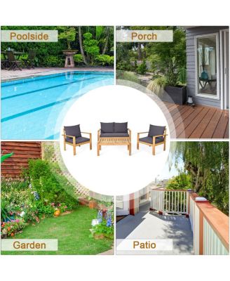 4PCS Patio Furniture Set Acacia Wood Thick Cushion Loveseat Sofa