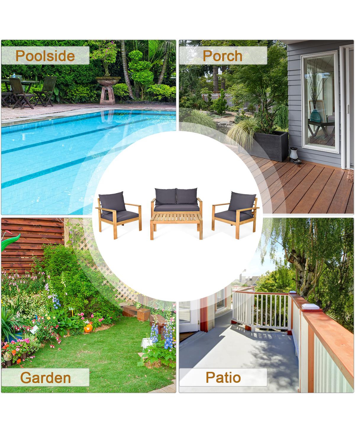 4PCS Patio Furniture Set Acacia Wood Thick Cushion Loveseat Sofa