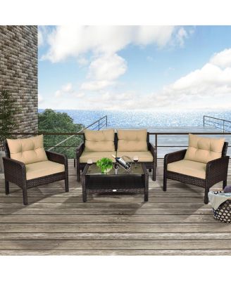 4PCS Patio Rattan Furniture Set Loveseat Sofa Coffee Table Garden W/ Cushion