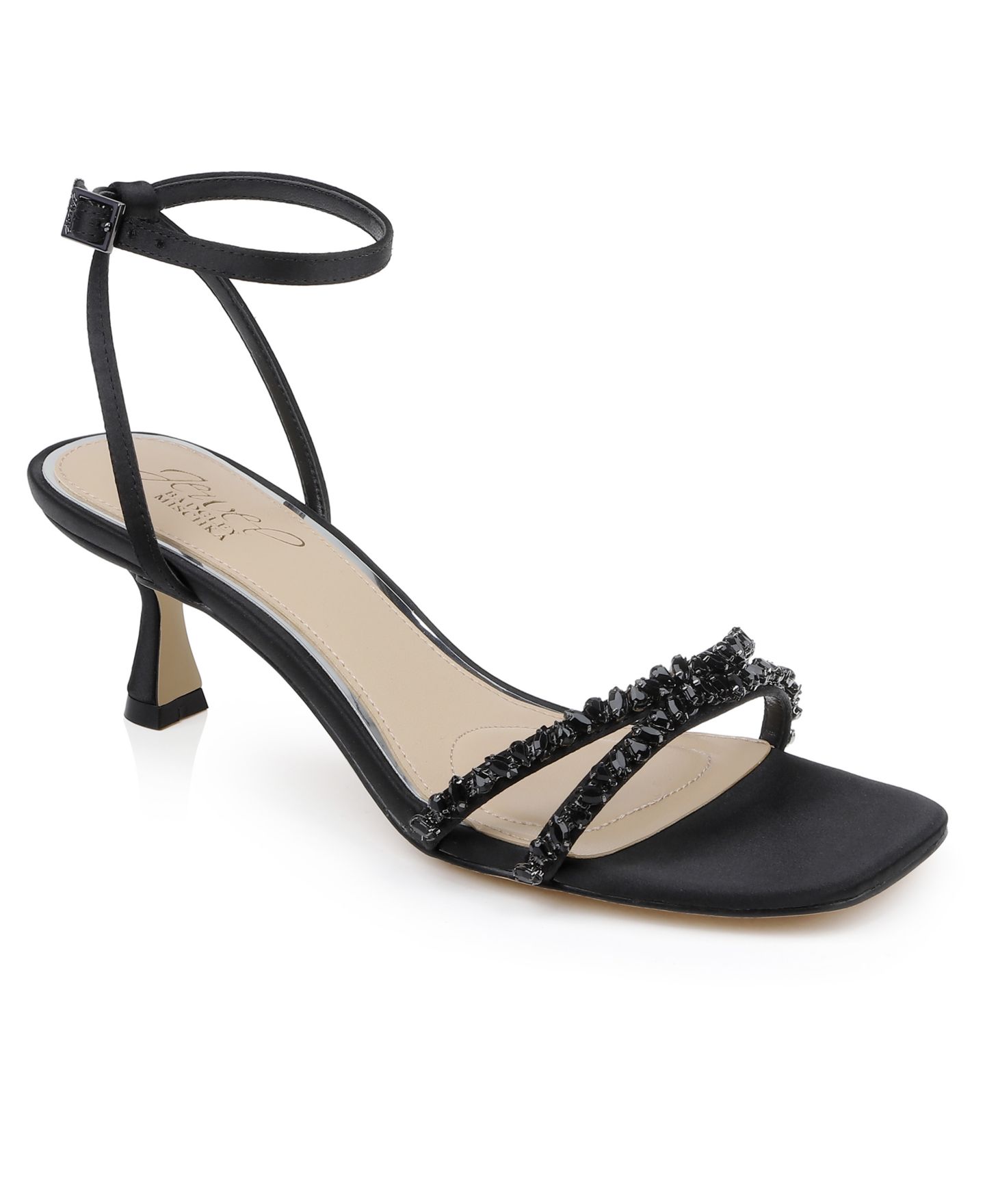 Женские сандалии Jewel Badgley Mischka Nayla Kitten Heel Dress Sandals, цвет: Чёрный атласный — фото 1