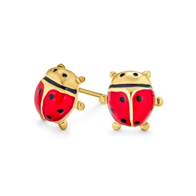 Small Red Enamel Ladybug Pendant Necklace and Stud Earrings Set Gold Tone