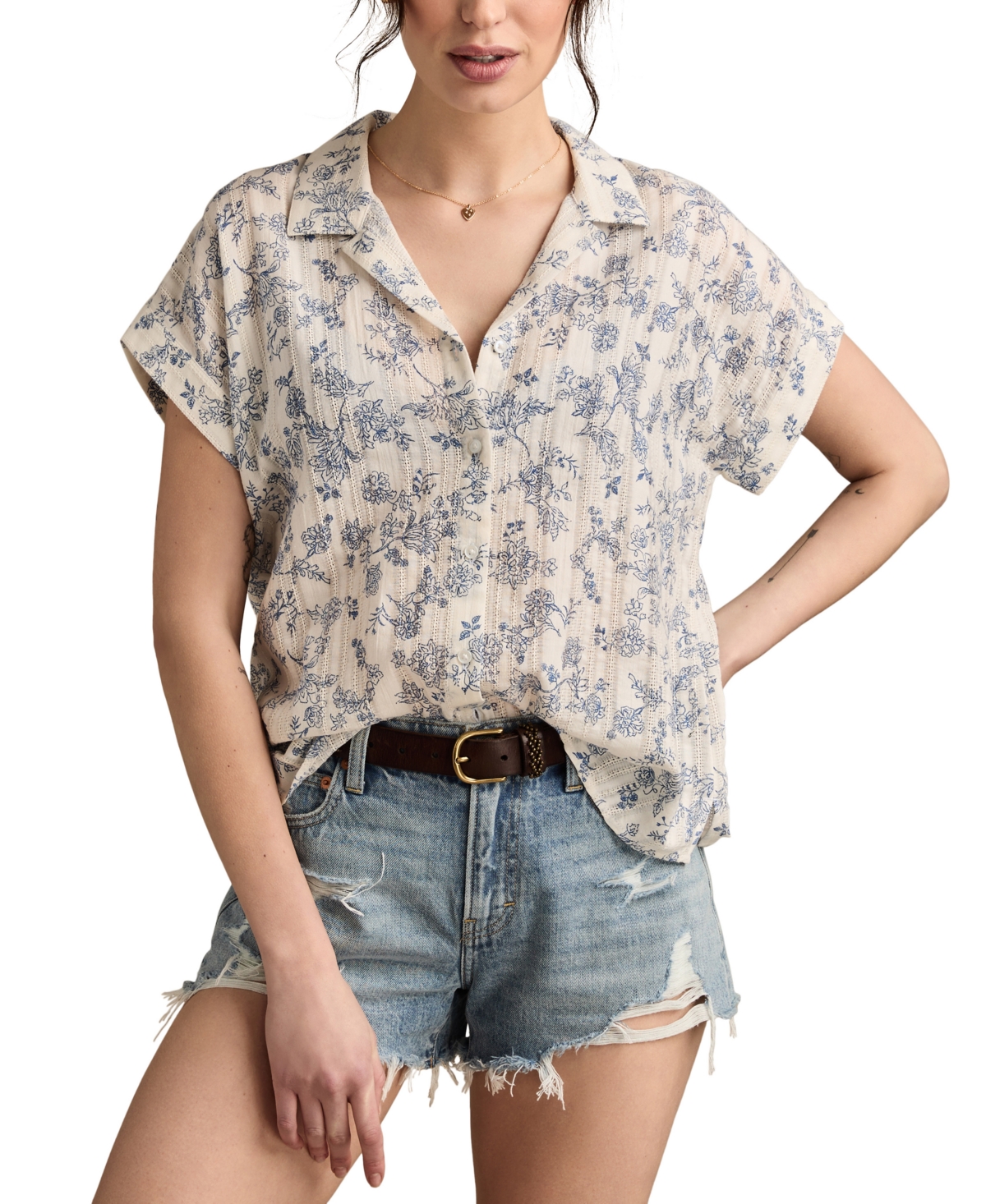 Women's Cotton Textured Short-Sleeve Shirt - White Multi