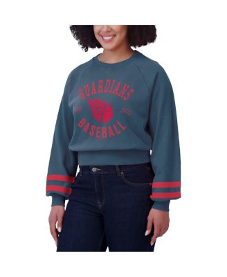 Women's Navy Cleveland Guardians Vintage Washed Cropped Pullover Sweatshirt