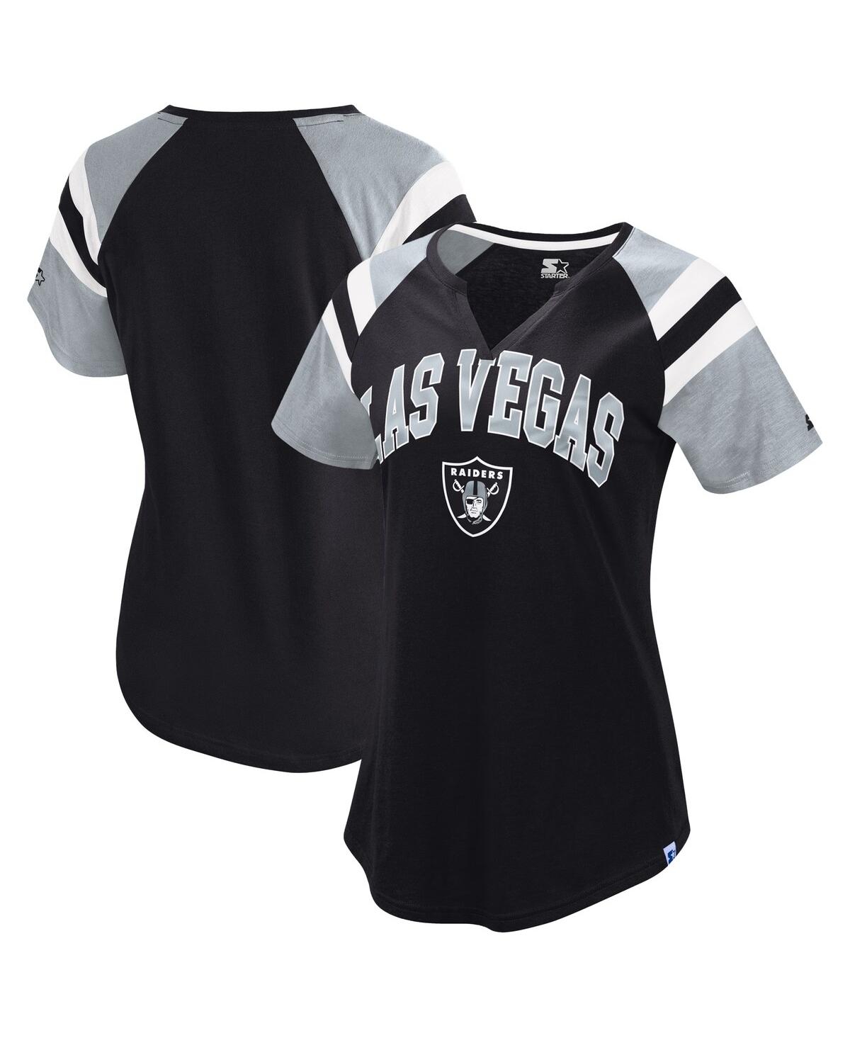 Starter Women's Black Las Vegas Raiders Game On Notch Neck Raglan T-shirt In Black