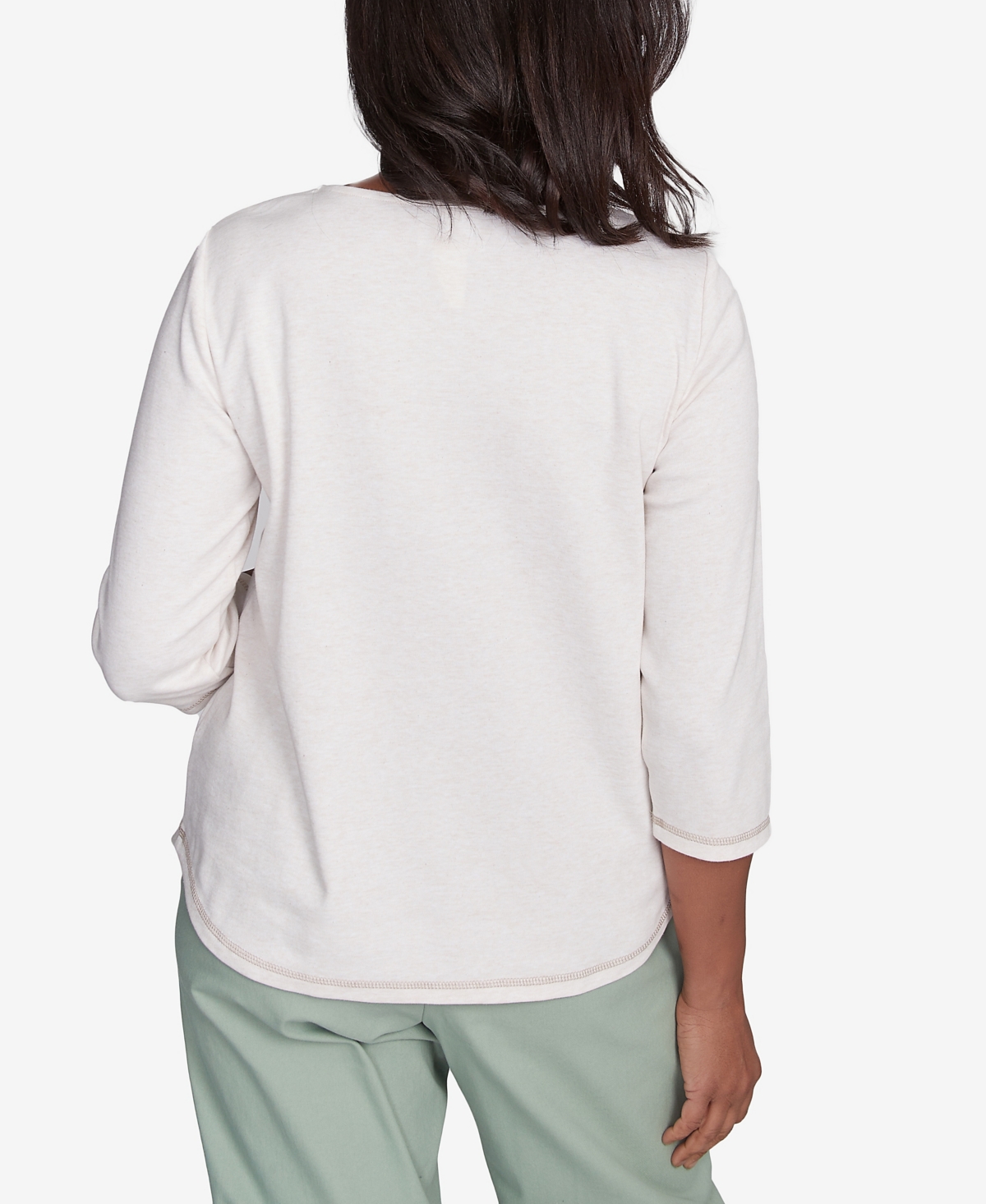 Alfred Dunner Petite Asymmetric Butterfly Floral Embroidered Top In White