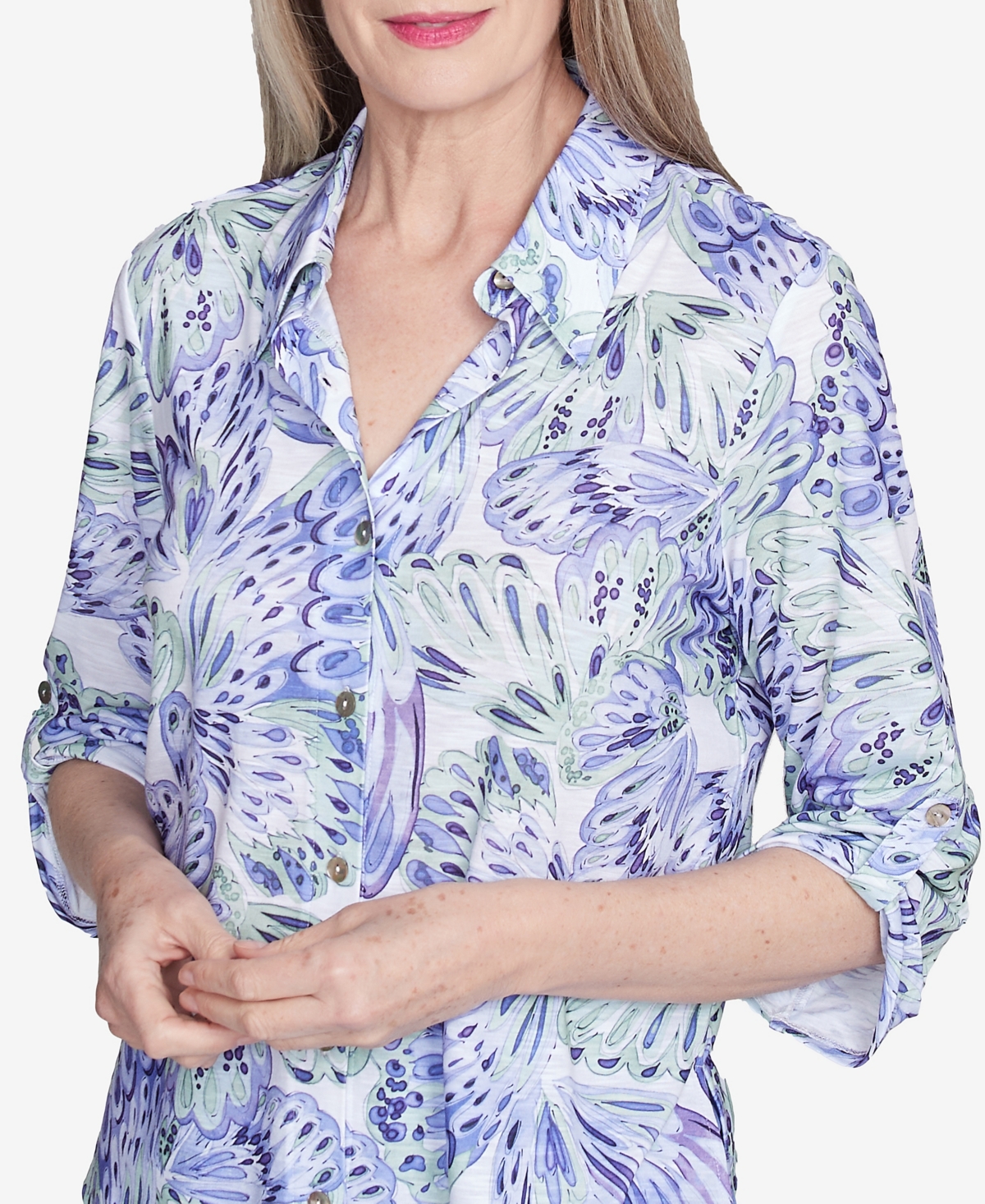 Alfred Dunner Petite Abstract Butterfly Button Front Top In Iris Multi