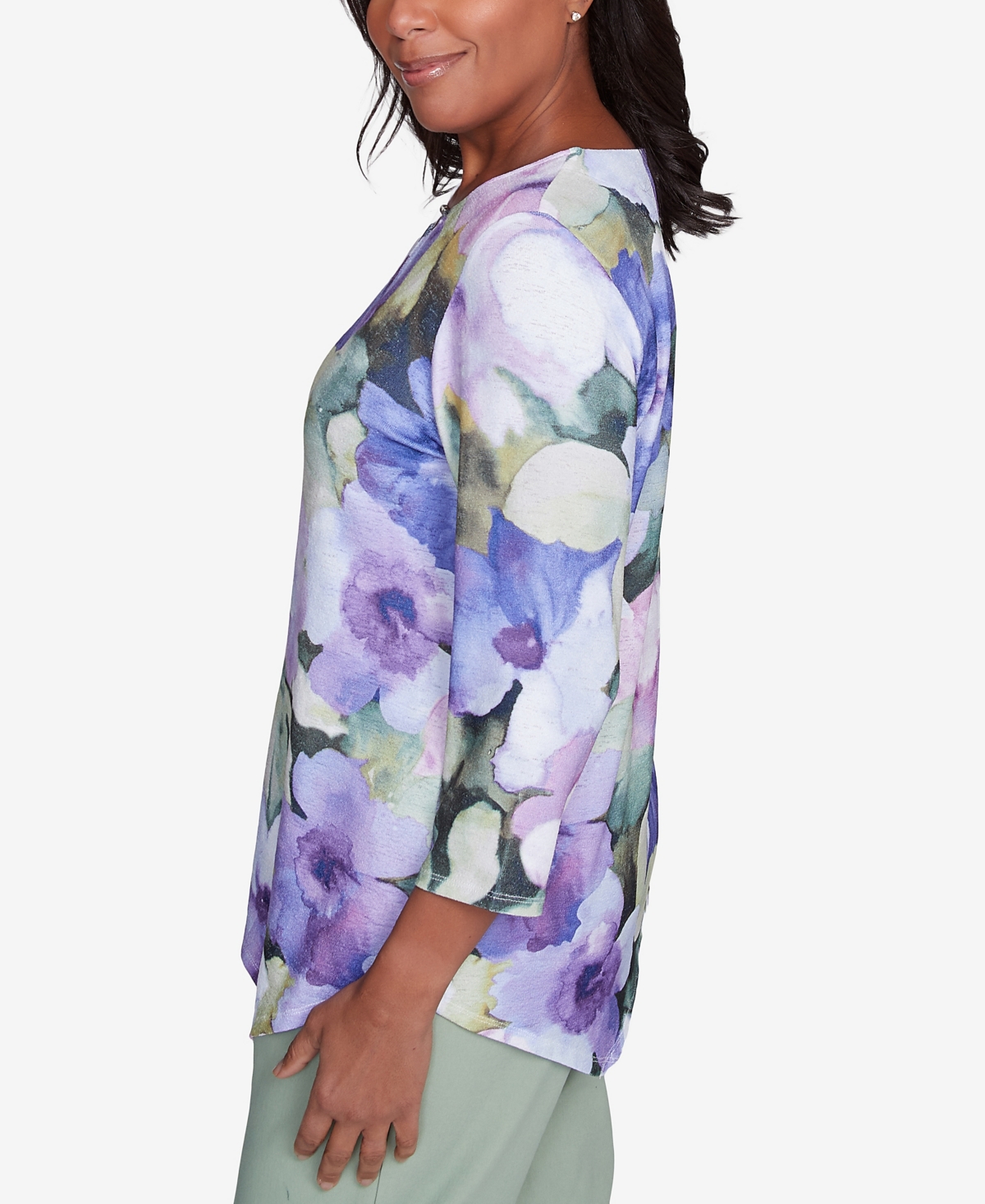 Alfred Dunner Petite Dramatic Pansies Print Three Quarter Sleeve Top In Iris Multi