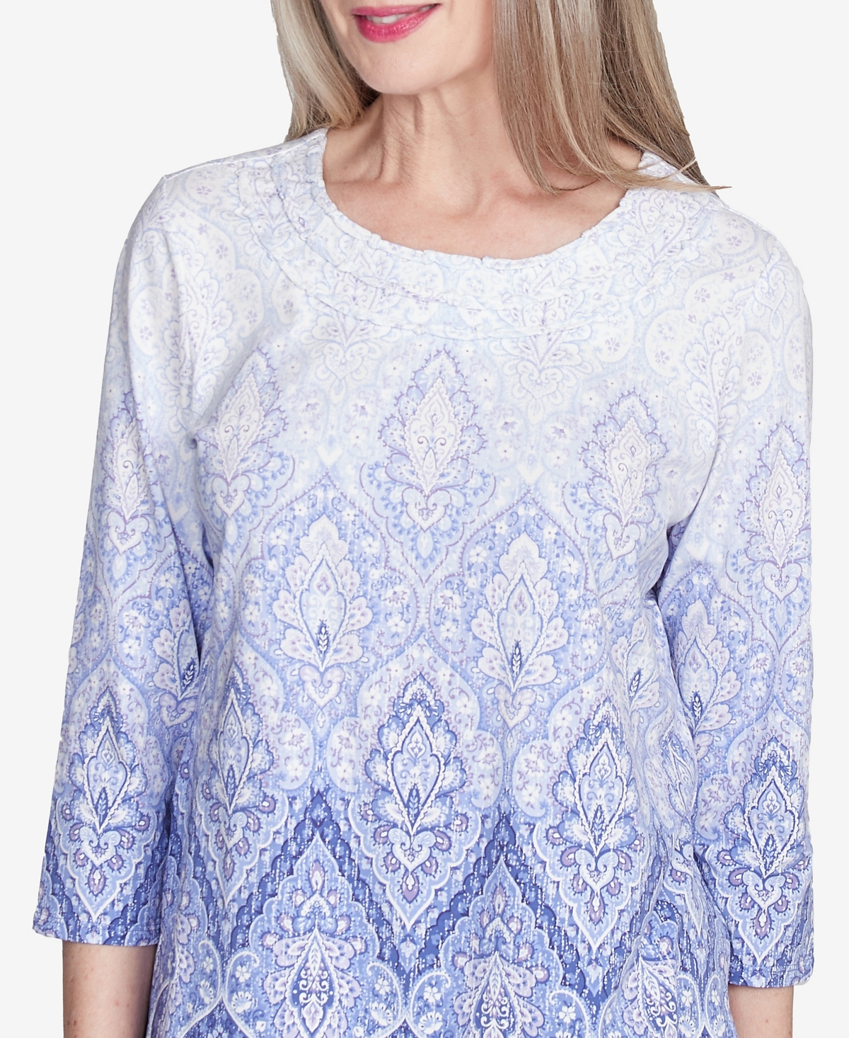 Alfred Dunner Plus Size Santa Fe Ombre Medallion Crew Neck Printed Top In Iris