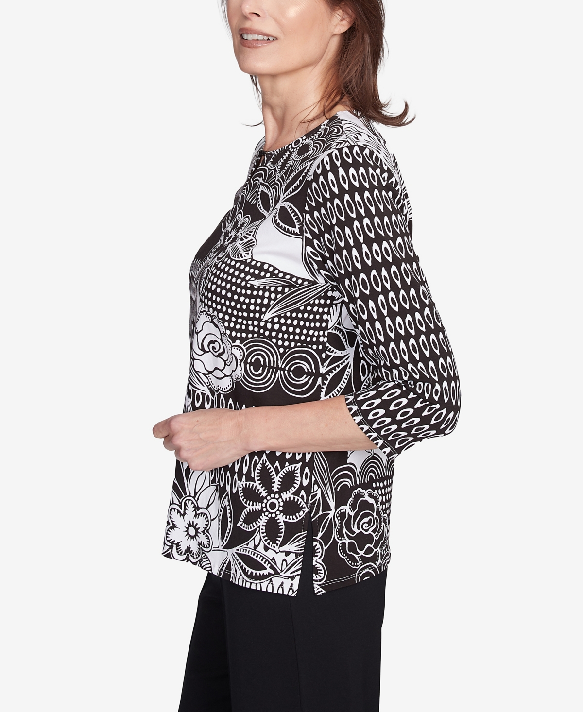 Alfred Dunner Plus Size Natural Instinct Monotone Patch Beaded Split Neck Top In Black