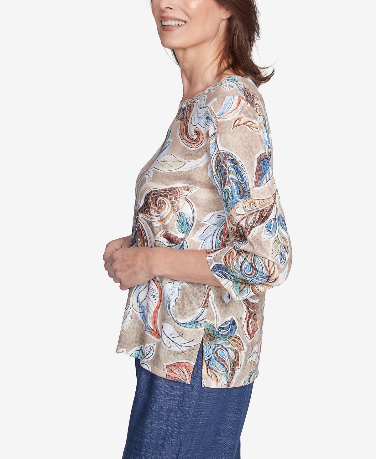 Alfred Dunner Petite Twisted Crew Neck Paisley Top In Neutral