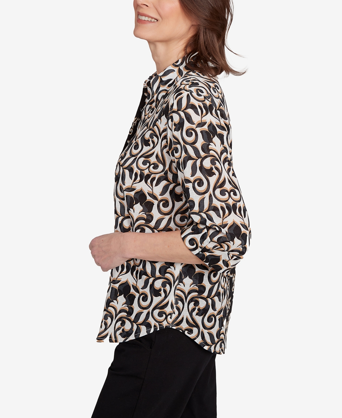 Alfred Dunner Petite Medallion Twin Print Button Front Top In Black Multi