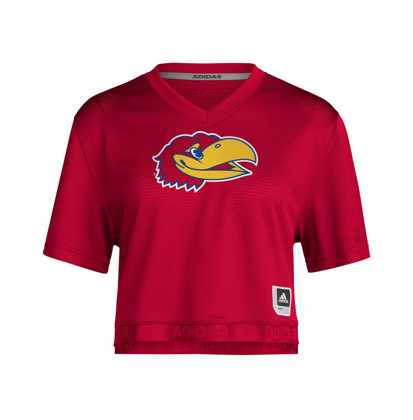 Женский топ adidas Red Kansas Jayhawks Primegreen V-Neck Cropped Jersey — фото 2