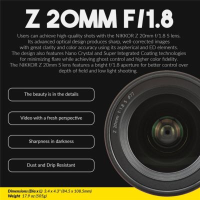 NIKKOR Z 20mm f/1.8 S Lens, Bundle with Hoya 77mm UV and CPL Filters