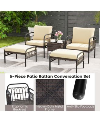 5 PCS Patio Conversation Set Outdoor Wicker Chair Set with Ottomans & Coffee Table