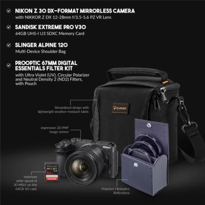 Z 30 Mirrorless Camera with NIKKOR Z DX 12-28mm f/3.5-5.6 PZ VR Lens, Bundle with 64GB Memory Card, Shoulder Bag, 46mm Filter Kit