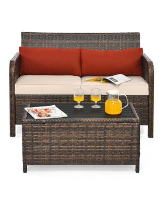 2PCS Patio Rattan Furniture Set Cushioned Loveseat Table Garden Deck