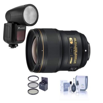 28mm f/1.4E AF-S NIKKOR Lens, Bundle with Flashpoint Zoom Li-on X R2 Flash Speedlight for Nikon, ProOptic 77mm Filter Kit, Cleaning Kit