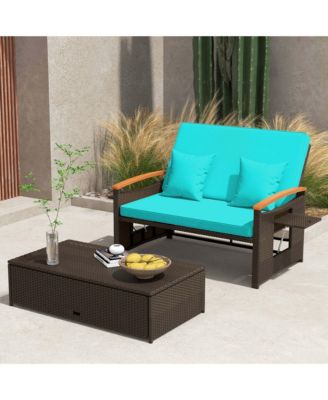 Patio Rattan Daybed Set with Cushioned Loveseat & Storage Ottoman for Porch