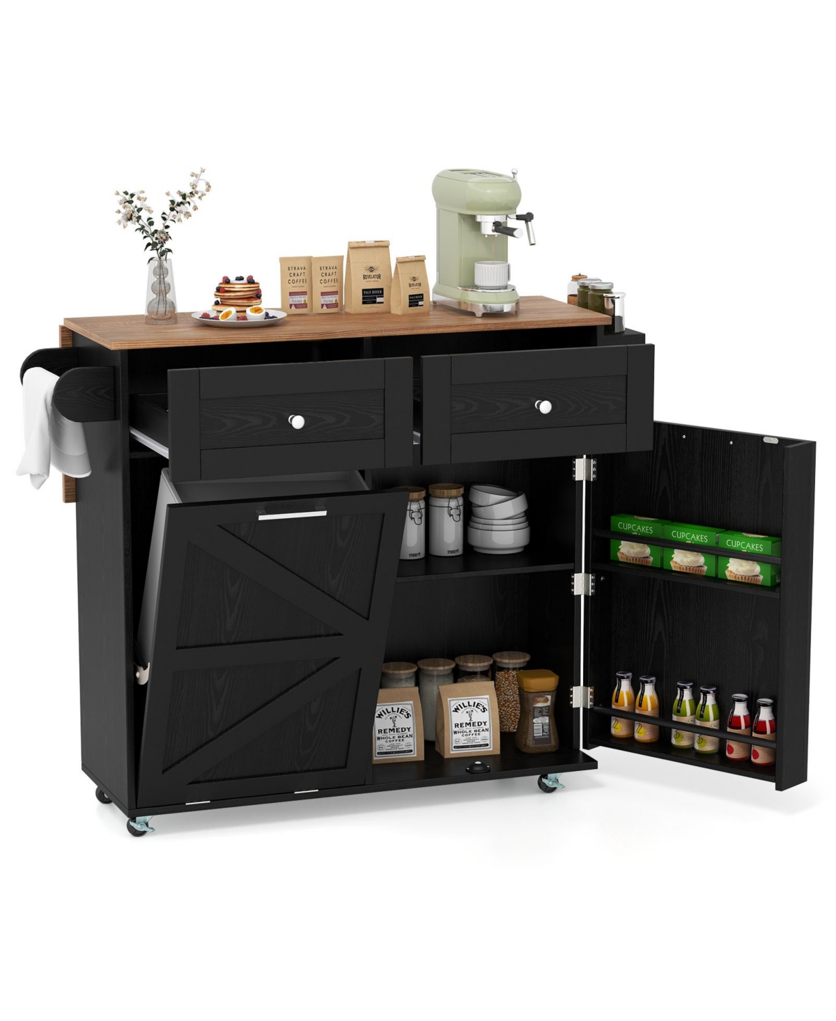 Rolling Kitchen Island with Trash Can Cabinet and Rubber Universal Wheels