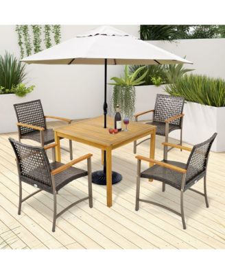 5 PCS Patio Dining Set Acacia Wood Table w/ 1.9'' Umbrella Hole Wicker Armchairs