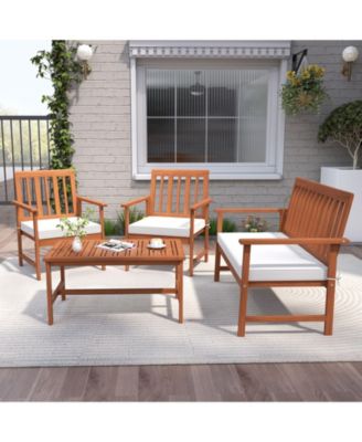 4-Piece Acacia Wood Patio Conversation Set Outdoor Furniture Set w/ 2 Armchairs
