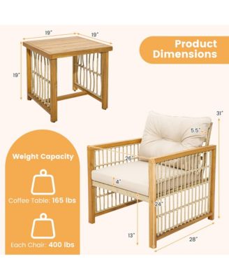 3PCS Patio Acacia Wood PE Wicker Furniture Set w/ Soft Seat & Back Cushions