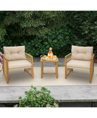 3PCS Patio Acacia Wood PE Wicker Furniture Set w/ Soft Seat & Back Cushions