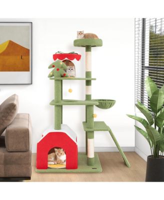 61'' Tall Christmas Cat Tree w/ Sisal Scratching Posts Plush Perch & 2 Condos