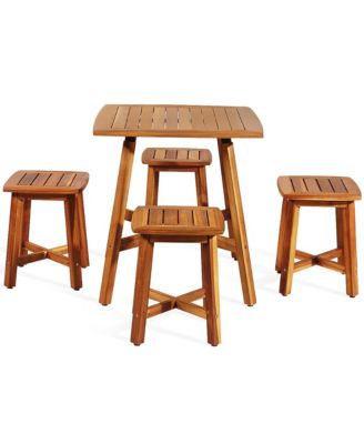5PCS Acacia Patio Dining Set W/Square Table & 4 Stools Reddish