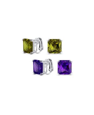 Square CZ Solitaire Clip-On Earrings Plated
