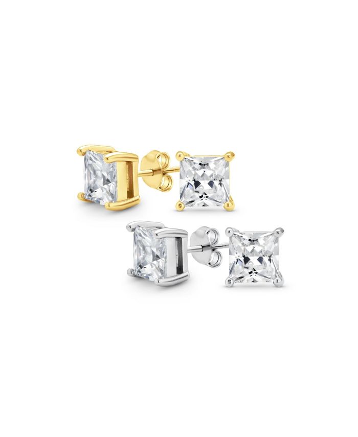 Bling Jewelry Set of 2 Square Solitaire CZ Stud Earrings Silver Gold