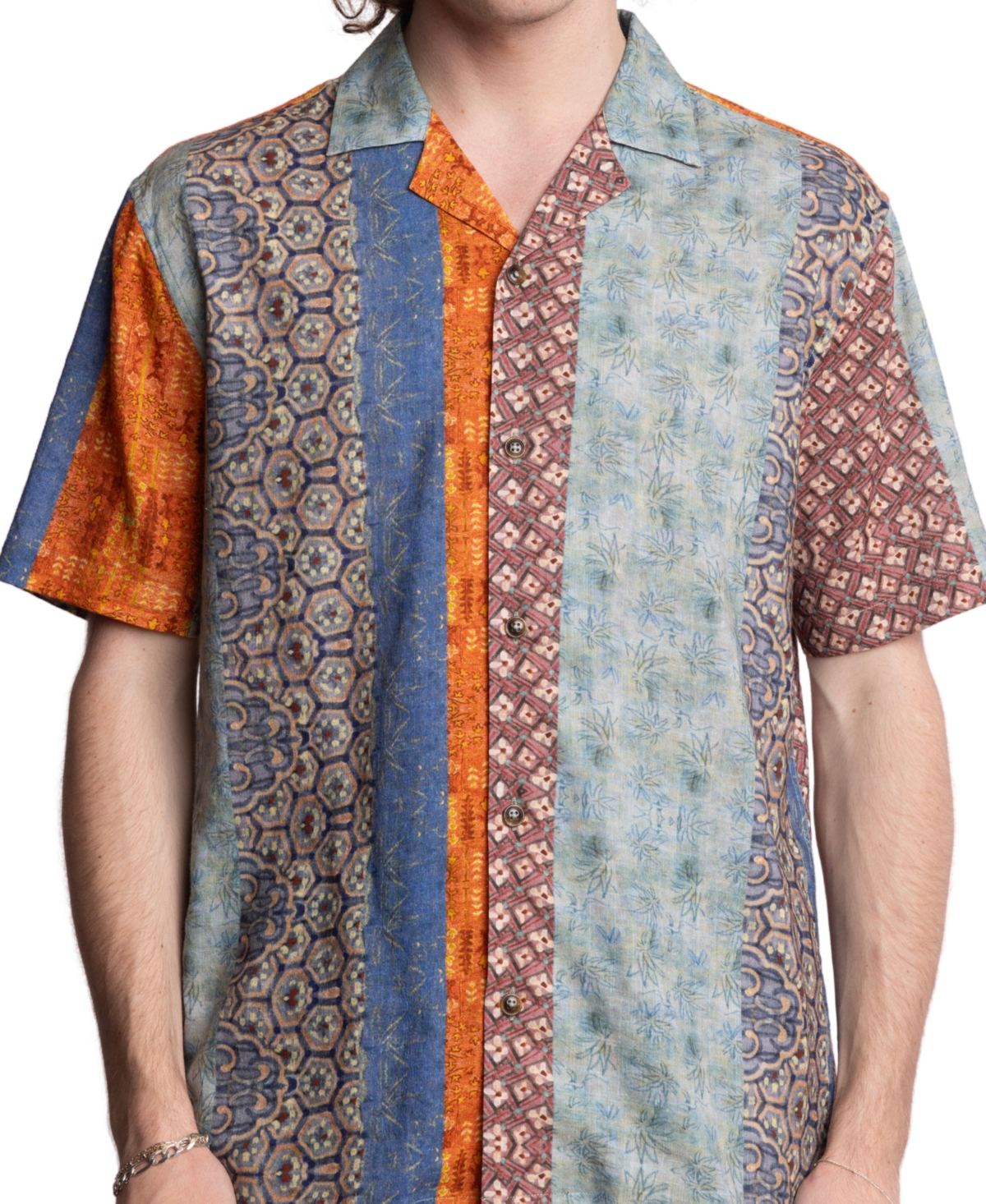 Men's Slim Fit Short Sleeve Multi-Pattern Button Front Camp Shirt - Pink Green Floral Multi