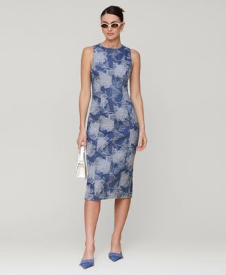 Avec Les Filles - Women's Embroidered Floral Denim Midi Dress