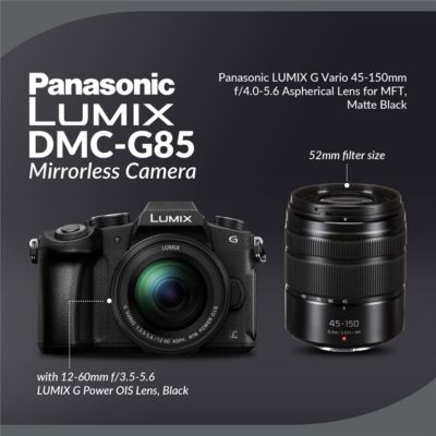 LUMIX DMC-G85 Mirrorless Camera w/12-60mm f/3.5-5.6 LUMIX G OIS Lens With 45-150mm f/4.0-5.6 Aspherical Lens for MFT, Matte Black