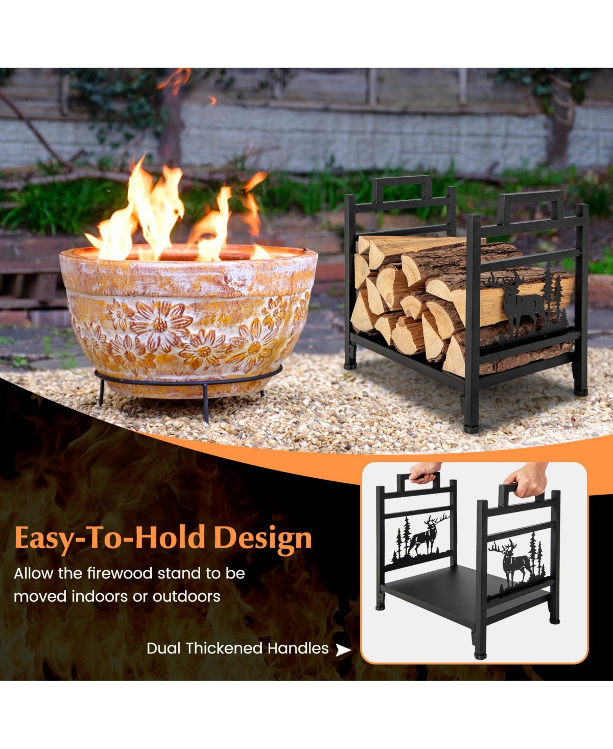 Sturdy Metal Firewood Holder with Handles for Fireplace or Patio