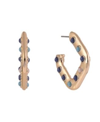 Gold Tone Square Post Hoop Earrings with Stone Inlay