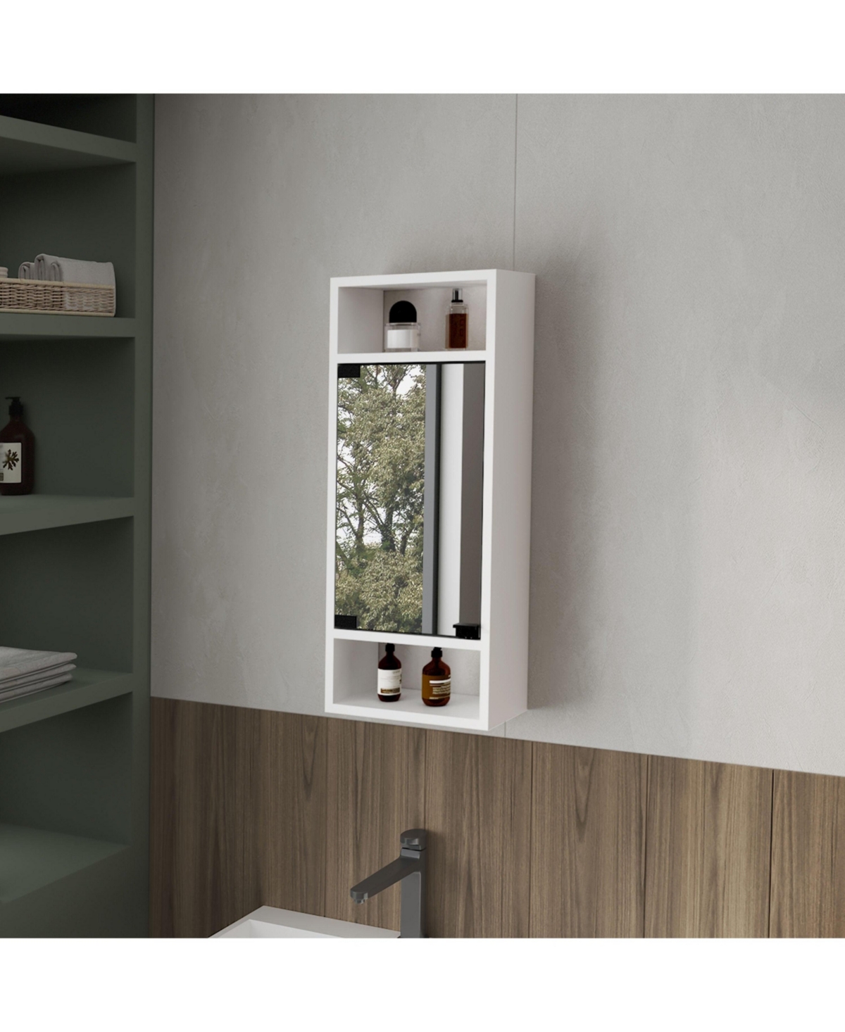 Pine Like Medicine Cabinet with Mirrored Door and Open Storage, White - White