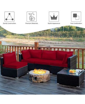 5PCS Patio Rattan Furniture Set Cushioned Sofa Chair Coffee Table