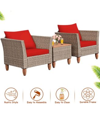 3PCS Patio Rattan Bistro Furniture Set Wood Table Top Cushion Sofa