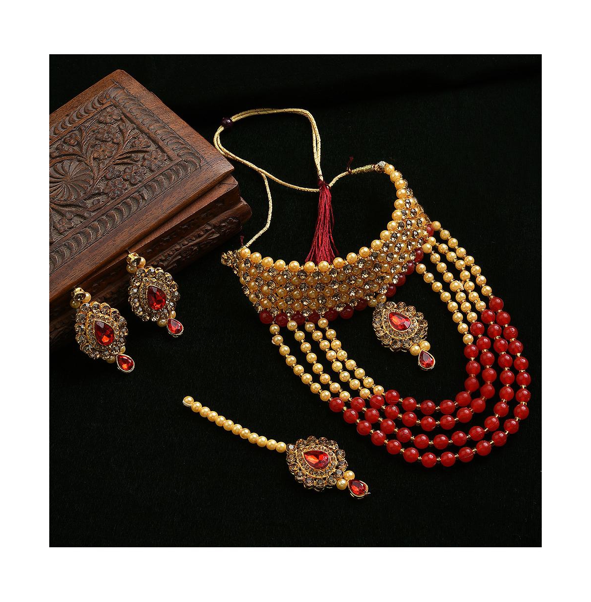 Sohi Kundan Gold Plated Necklace Set In Red