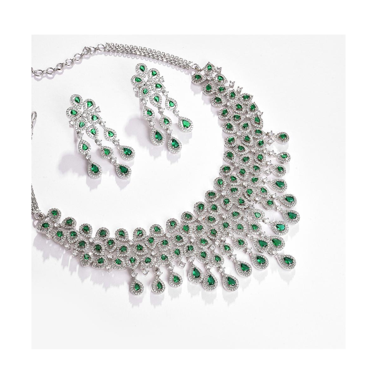 Sohi Women's Silver Plated Designer Stone Jewellery Set In Green