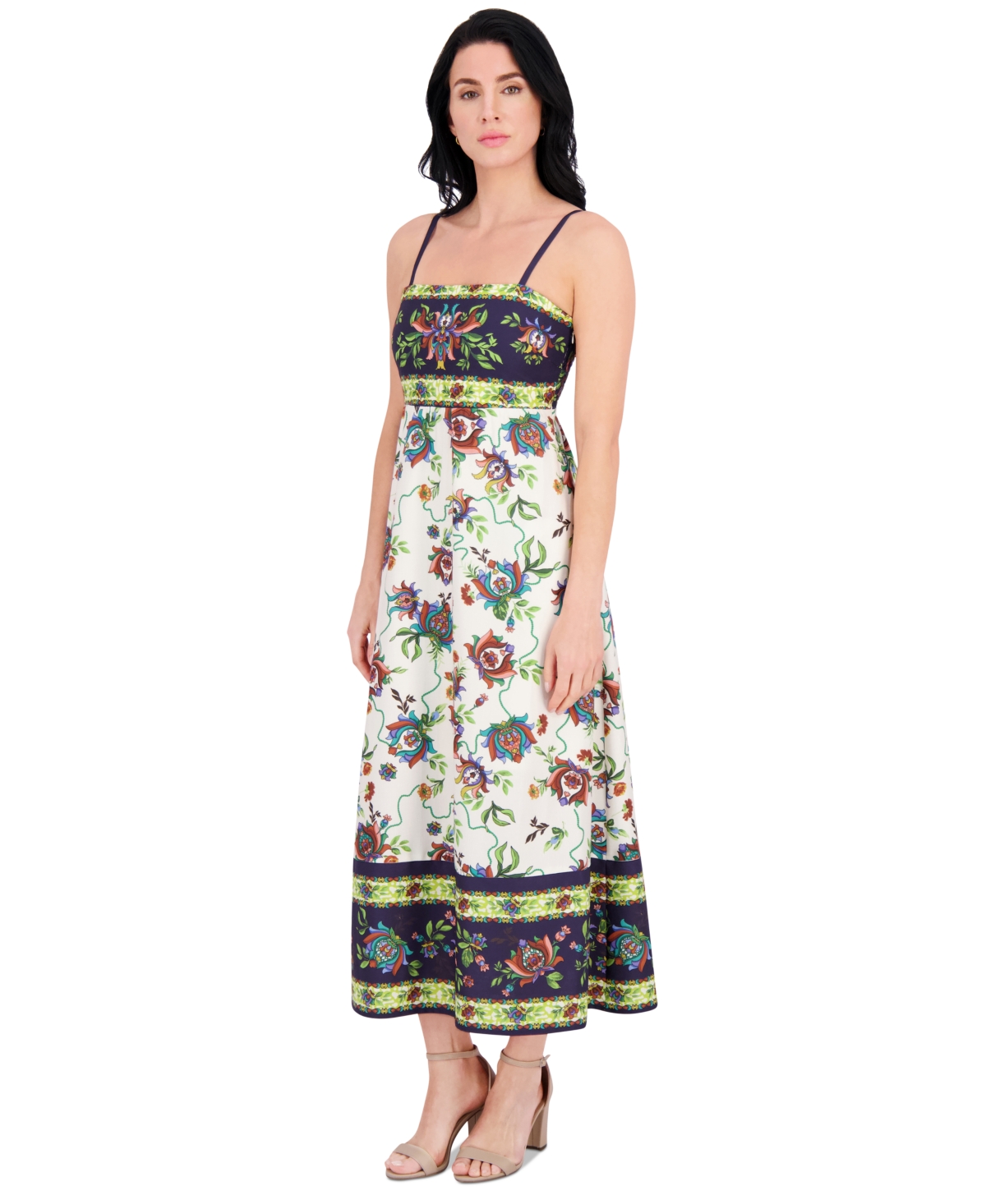 Siena Plus Size Square-neck Border-print Maxi Dress In White