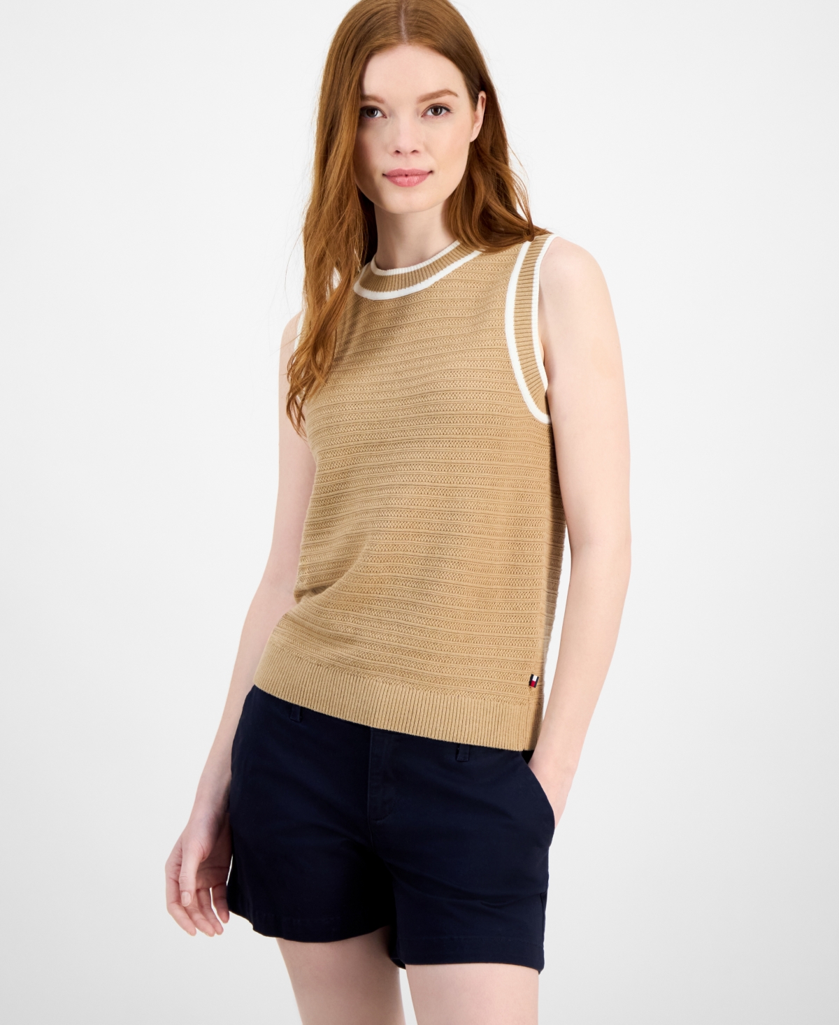 Women's Basketweave Contrast-Trim Sweater - Tannin