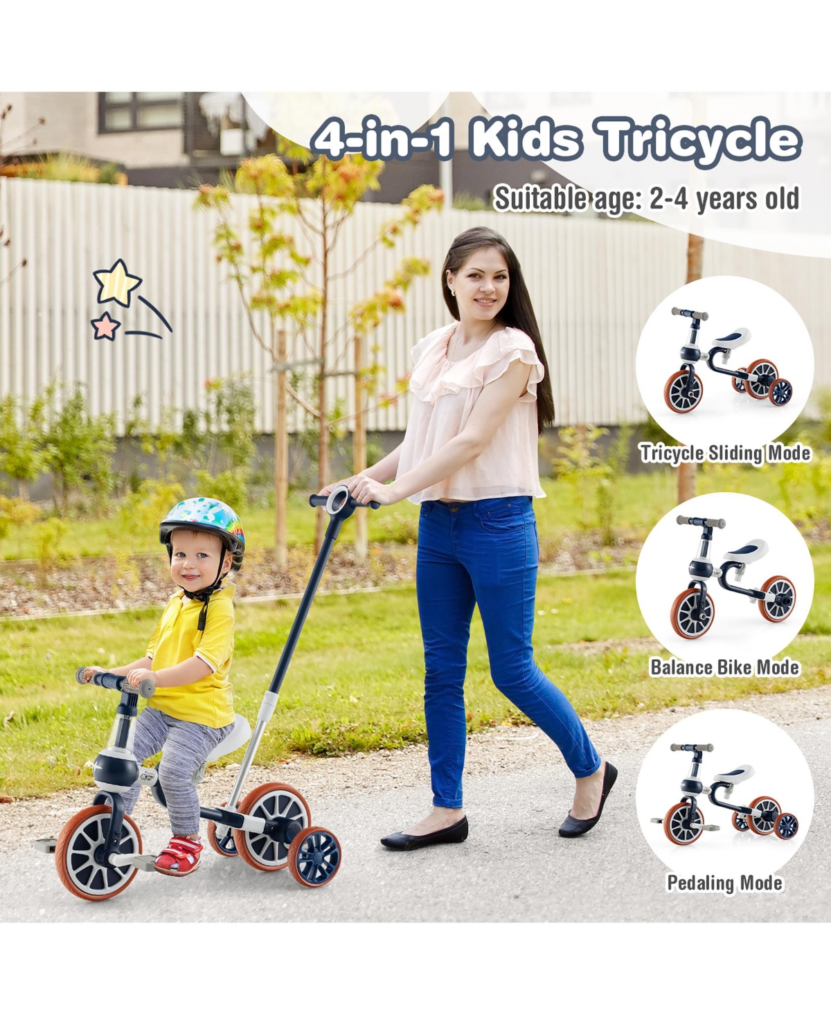 Costway Toddler 4 1 Tricycles with Push Handle & Training Wheels Balance Bike