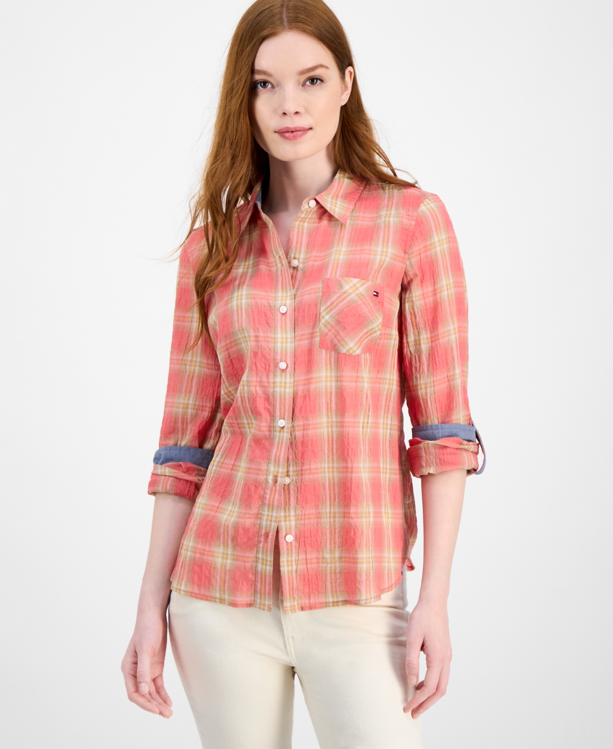 Tommy Hilfiger Women's Crinkled Plaid Roll-tab Shirt